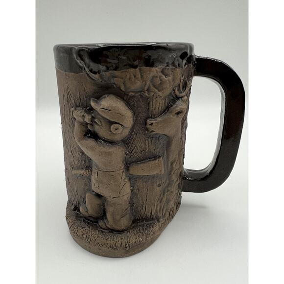 N Eastman Art Pottery 12oz Cocoa Coffee Mug Watchful Hunter & Deer Signed 1975 - Picture 1 of 10